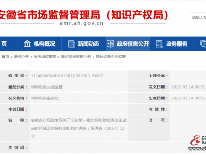 安徽省市場監(jiān)管局關(guān)于公布第一批電梯檢驗(yàn)檢測改革試點(diǎn)的區(qū)域及電梯檢測機(jī)構(gòu)的通告