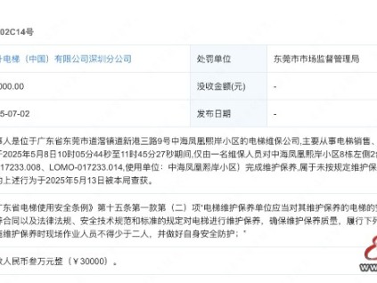 蒂升電梯深圳分公司僅一人對2臺電梯完成維護(hù)保養(yǎng) 被罰款3萬元
