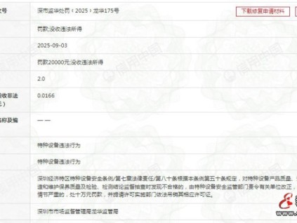 某機(jī)電深圳分公司維保的電梯經(jīng)監(jiān)督抽查不合格 罰沒20166元