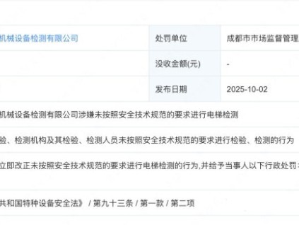 四川某檢測公司涉嫌未按照規(guī)范要求進(jìn)行電梯檢測 罰80000元