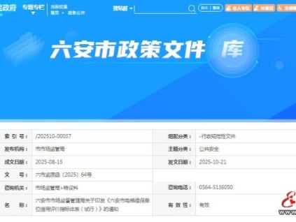 安徽省六安市監(jiān)局發(fā)布《六安市電梯維保單位信用評價指標(biāo)體系（試行）》通知